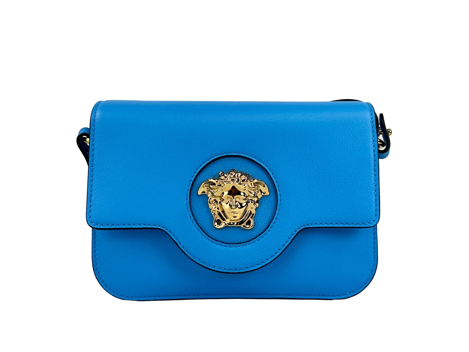 Small Crossbody Flap Handbag by Versace for women in leather blue & gold features a transformative sophistication silhouette, showcasing a secure flap & magnetic, ample , and versatile crossbody-strap, adjustable-strap & detachable-strap for a transformative sophistication look.