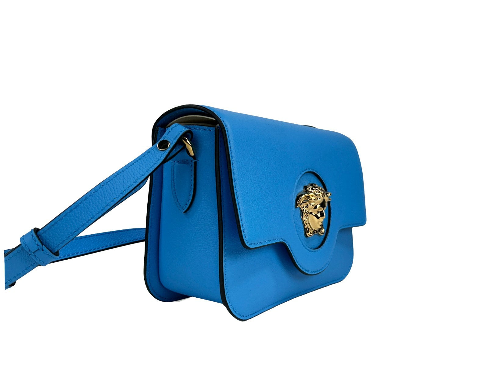 Small Crossbody Flap Handbag by Versace for women in leather blue & gold features a multifaceted silhouette, showcasing a secure flap & magnetic and multifaceted with versatile crossbody-strap, adjustable-strap & detachable-strap for multifaceted style.