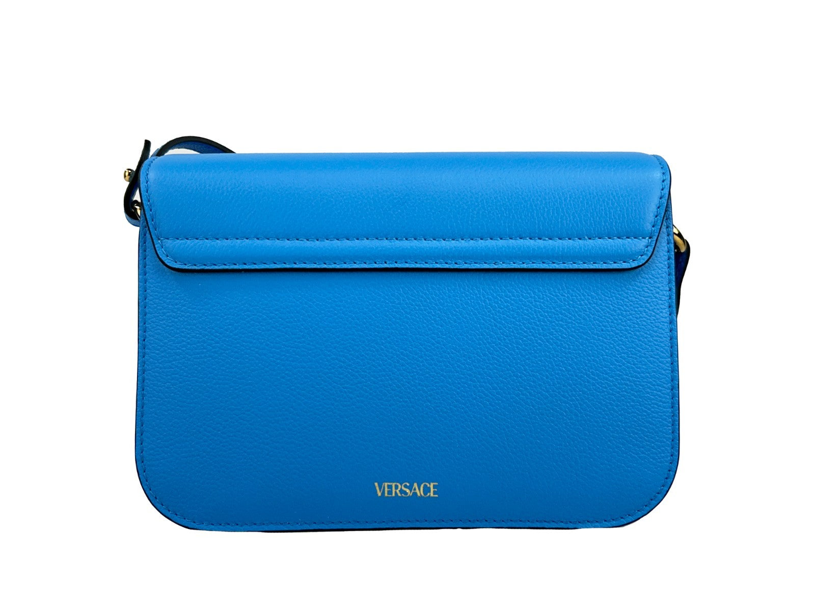 Small Crossbody Flap Handbag by Versace for women in leather blue & gold features an versatile silhouette, showcasing a secure flap & magnetic and versatile with versatile crossbody-strap, adjustable-strap & detachable-strap for a versatile finish.