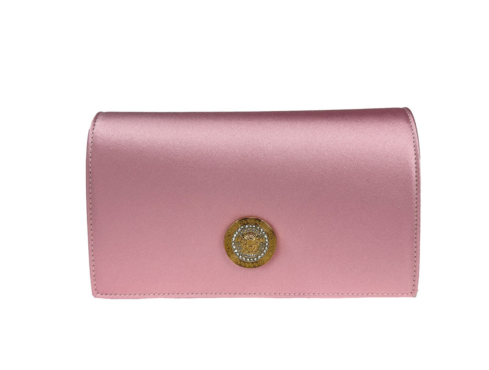 Mini Crossbody Flap Handbag by Versace for women in leather & crystal gold & pink features an multi-faceted design with a secure flap & magnetic, ample , and versatile crossbody-strap & detachable-strap for a multi-faceted finish.