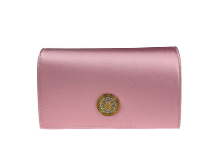 Mini Crossbody Flap Handbag by Versace for women in leather & crystal gold & pink features an multi-faceted design with a secure flap & magnetic, ample , and versatile crossbody-strap & detachable-strap for a multi-faceted finish.