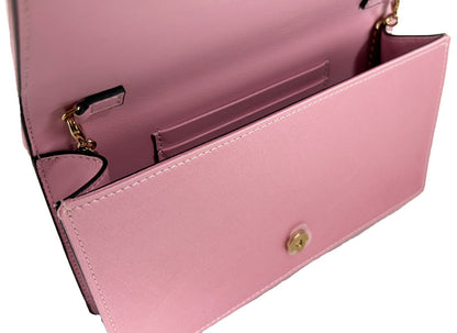 Mini Crossbody Flap Handbag by Versace for women in leather & crystal gold & pink features a multifaceted silhouette, showcasing a secure flap & magnetic and multifaceted with versatile crossbody-strap & detachable-strap for multifaceted style.