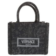 Small Travel Shopper Tote Handbag by Versace for women in calf & python leather black, gold & jacquard presents a ornamental silhouette, showcasing a secure , ample , and versatile shoulder-strap, handle, adjustable-strap & detachable-strap for a ornamental finish.