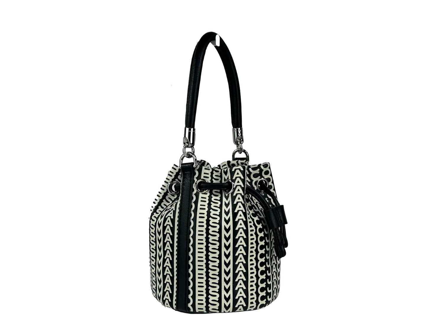 Mini Crossbody Bucket Handbag by Marc Jacobs for women in leather silver & monogram features a multifaceted silhouette, showcasing a secure drawstring and multifaceted with versatile crossbody-strap, adjustable-strap & detachable-strap for multifaceted style.