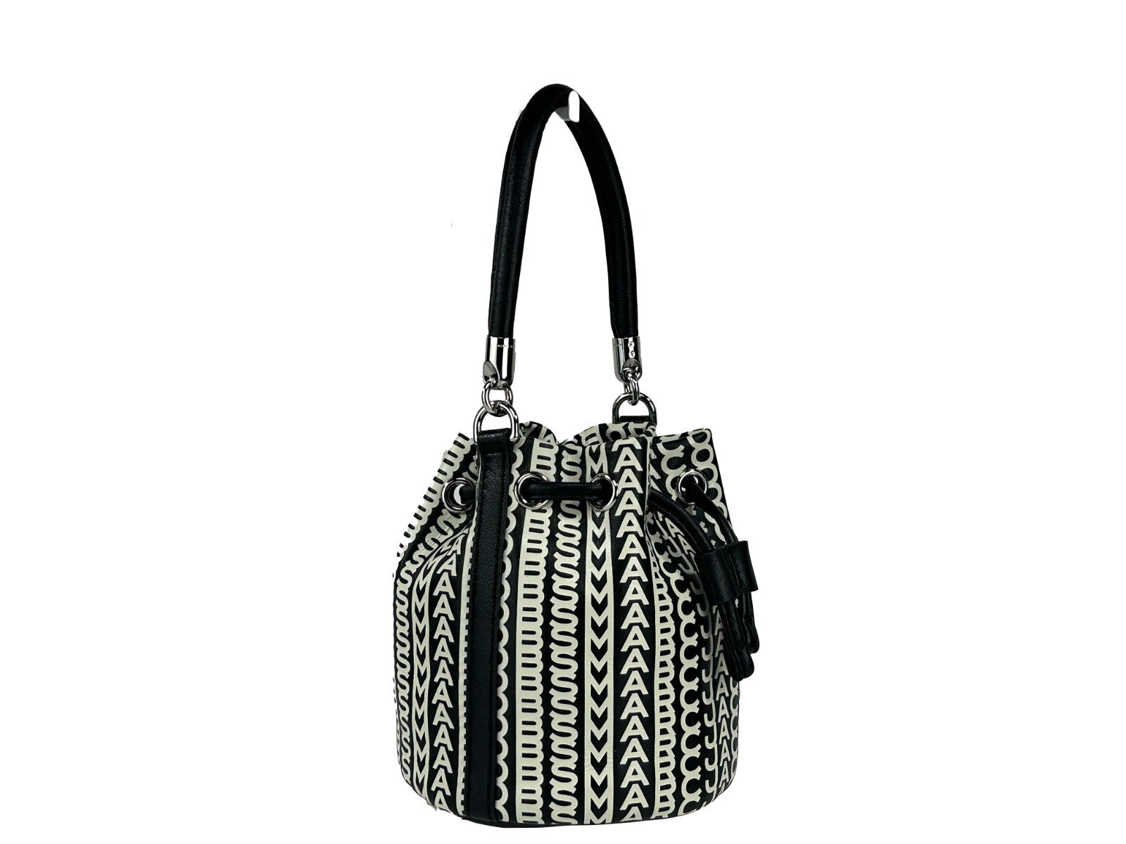 Mini Crossbody Bucket Handbag by Marc Jacobs for women in leather silver & monogram features a multifaceted silhouette, showcasing a secure drawstring and multifaceted with versatile crossbody-strap, adjustable-strap & detachable-strap for multifaceted style.