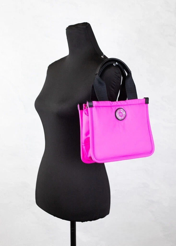 Small Evening Tote Bag by Marc Jacobs for women in nylon fabric fuchsia & silver showcases a statuesque Nylon Fabric Small Evening Tote Bag design, featuring a secure zipper, ample , and versatile handle for a statuesque finish.