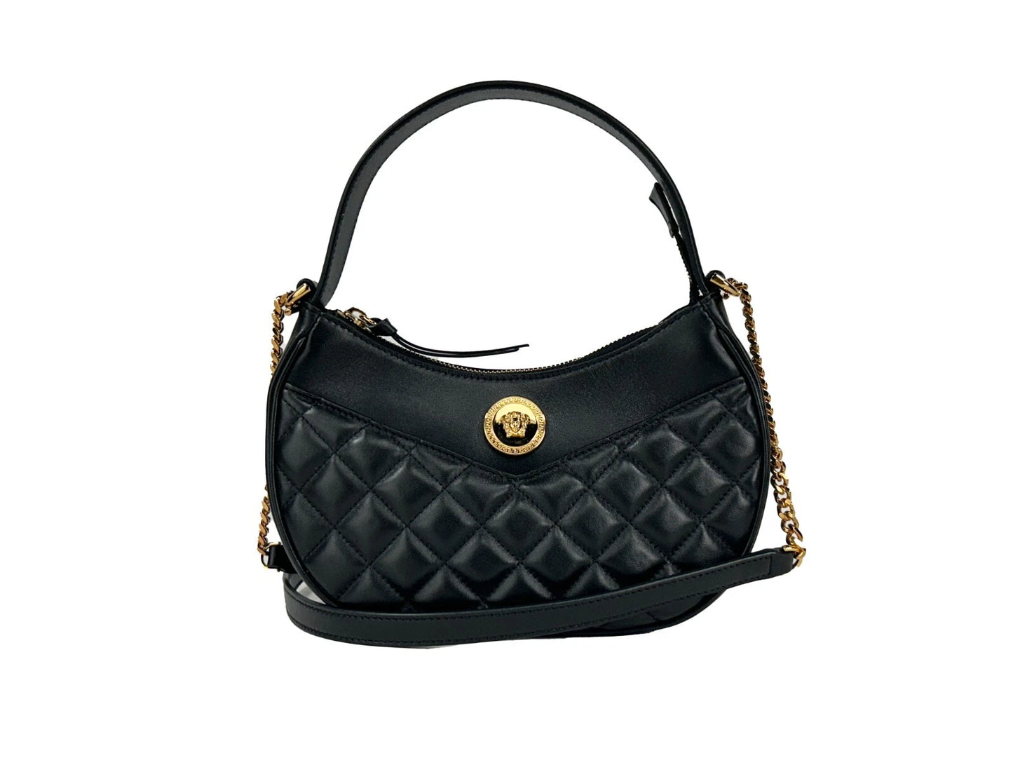 Quilted Crossbody Half Moon Handbag by Versace for women in leather black & gold features a versatile chic silhouette, meticulously detailed with a secure zipper, ample cardholder, and versatile crossbody-strap, shoulder-strap, adjustable-strap & detachable-strap.