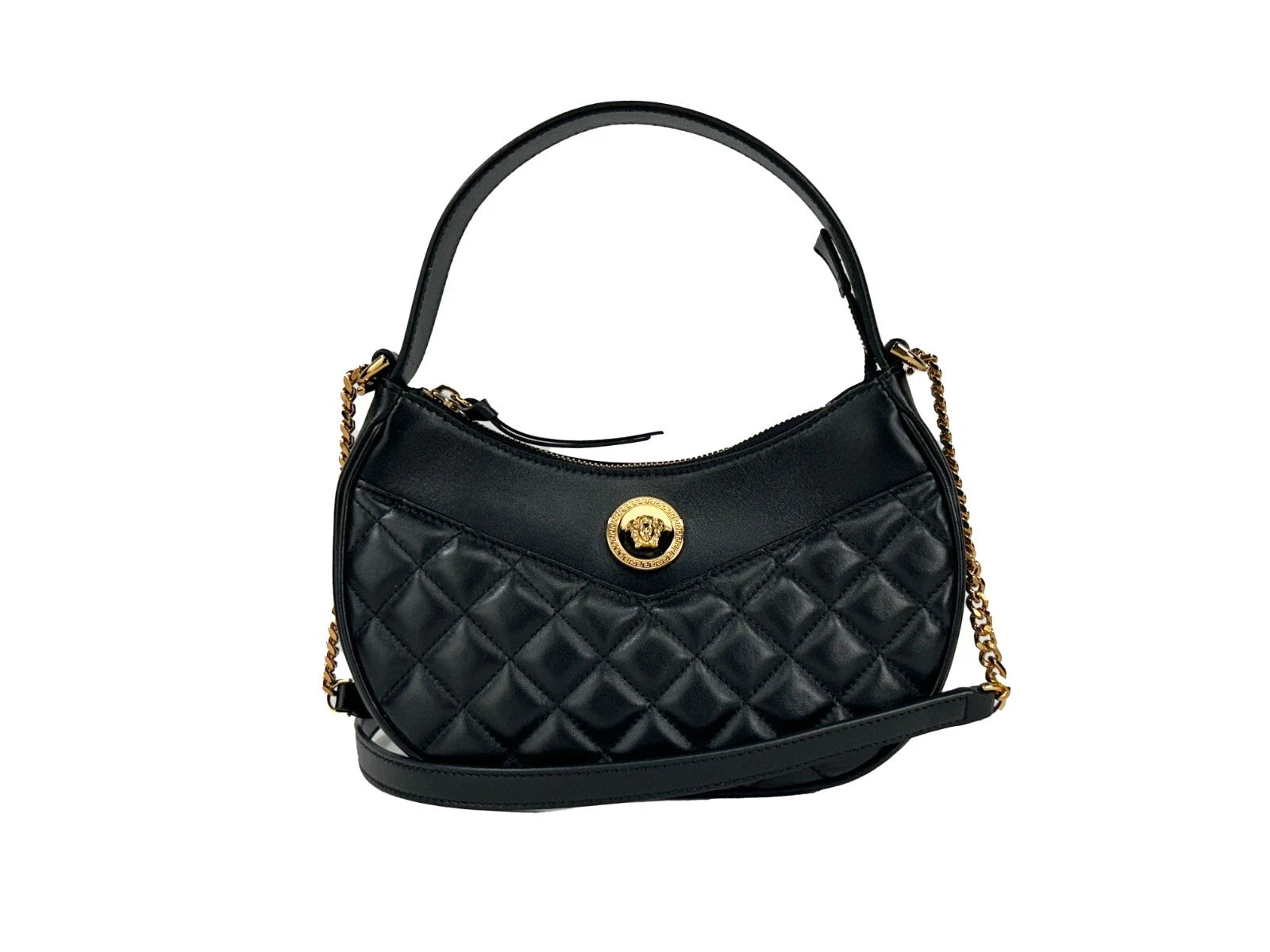 Quilted Crossbody Half Moon Handbag by Versace for women in leather black & gold features a versatile chic silhouette, meticulously detailed with a secure zipper, ample cardholder, and versatile crossbody-strap, shoulder-strap, adjustable-strap & detachable-strap.