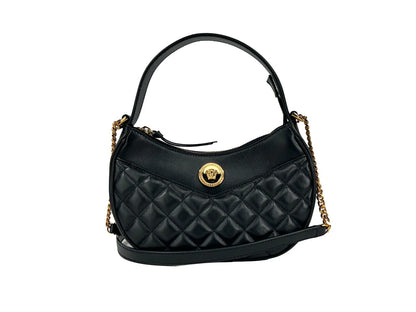 Quilted Crossbody Half Moon Handbag by Versace for women in leather black & gold features a versatile chic silhouette, meticulously detailed with a secure zipper, ample cardholder, and versatile crossbody-strap, shoulder-strap, adjustable-strap & detachable-strap.