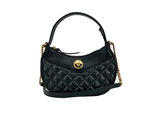 Quilted Crossbody Half Moon Handbag by Versace for women in leather black & gold features a versatile chic silhouette, meticulously detailed with a secure zipper, ample cardholder, and versatile crossbody-strap, shoulder-strap, adjustable-strap & detachable-strap.