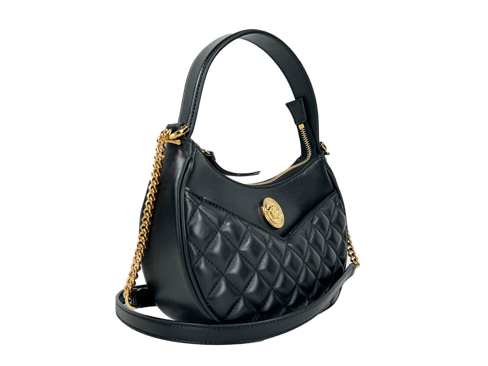Quilted Crossbody Half Moon Handbag by Versace for women in leather black & gold features a multifaceted silhouette, showcasing a secure zipper and multifaceted cardholder with versatile crossbody-strap, shoulder-strap, adjustable-strap & detachable-strap for multifaceted style.