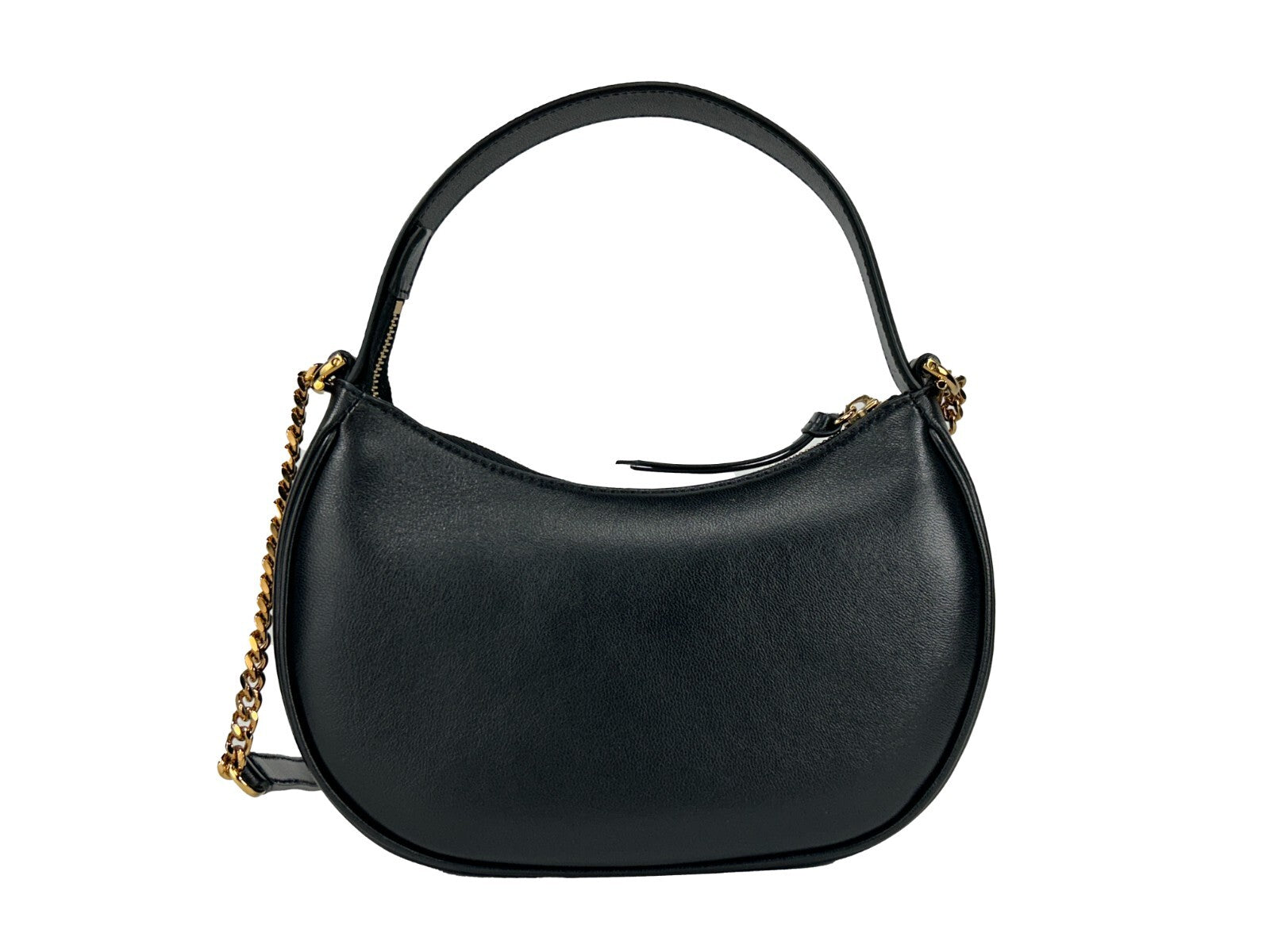 Quilted Crossbody Half Moon Handbag by Versace for women in leather black & gold features an versatile silhouette, showcasing a secure zipper and versatile cardholder with versatile crossbody-strap, shoulder-strap, adjustable-strap & detachable-strap for a versatile finish.