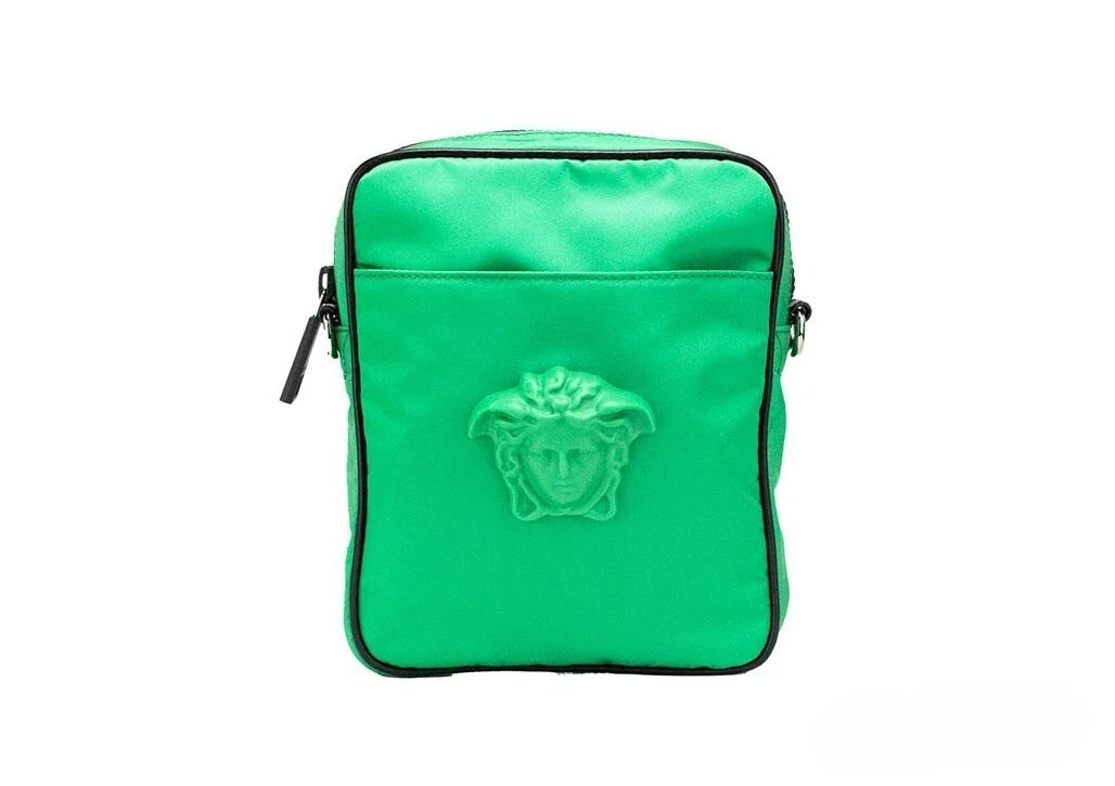 Small Crossbody Travel Messenger Handbag by Versace for women in nylon fabric black, green & patterned presents a ornamental silhouette, showcasing a secure zipper, ample cardholder, and versatile crossbody-strap, adjustable-strap & detachable-strap for a ornamental finish.