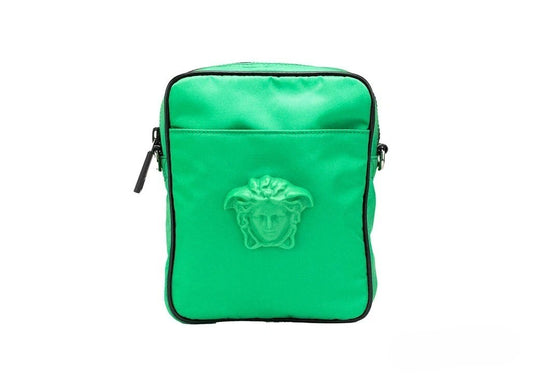 Small Crossbody Travel Messenger Handbag by Versace for women in nylon fabric black, green & patterned presents a ornamental silhouette, showcasing a secure zipper, ample cardholder, and versatile crossbody-strap, adjustable-strap & detachable-strap for a ornamental finish.
