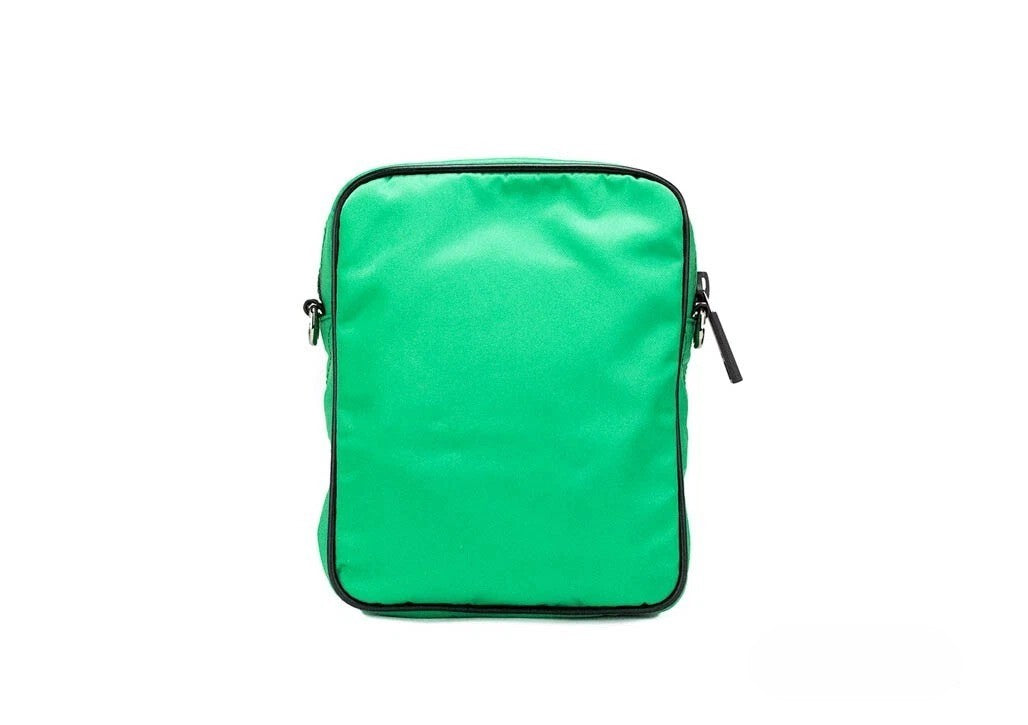 Small Crossbody Travel Messenger Handbag by Versace for women in nylon fabric black, green & patterned features a refined silhouette, showcasing a secure zipper, organized cardholder, and versatile crossbody-strap, adjustable-strap & detachable-strap for a refined finish.