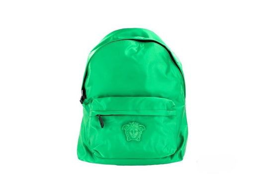 Large Backpack Shoulder Bag by Versace for women in nylon fabric black & green showcases a statuesque silhouette, artfully detailed with a secure zipper, organized laptop-compartment, and versatile backpack-strap & adjustable-strap for a statuesque look.