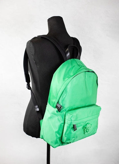 Large Backpack Shoulder Bag by Versace for women in nylon fabric black & green presents a statuesque silhouette, showcasing a secure zipper and statuesque laptop-compartment with versatile backpack-strap & adjustable-strap for a sophisticated look.