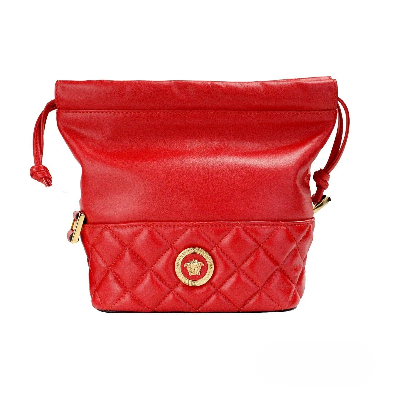 Small Quilted Crossbody Bucket Handbag by Versace for women in leather gold & red features a exquisite silhouette, showcasing a secure drawstring and exquisite with versatile crossbody-strap, shoulder-strap & adjustable-strap for a exquisite finish.