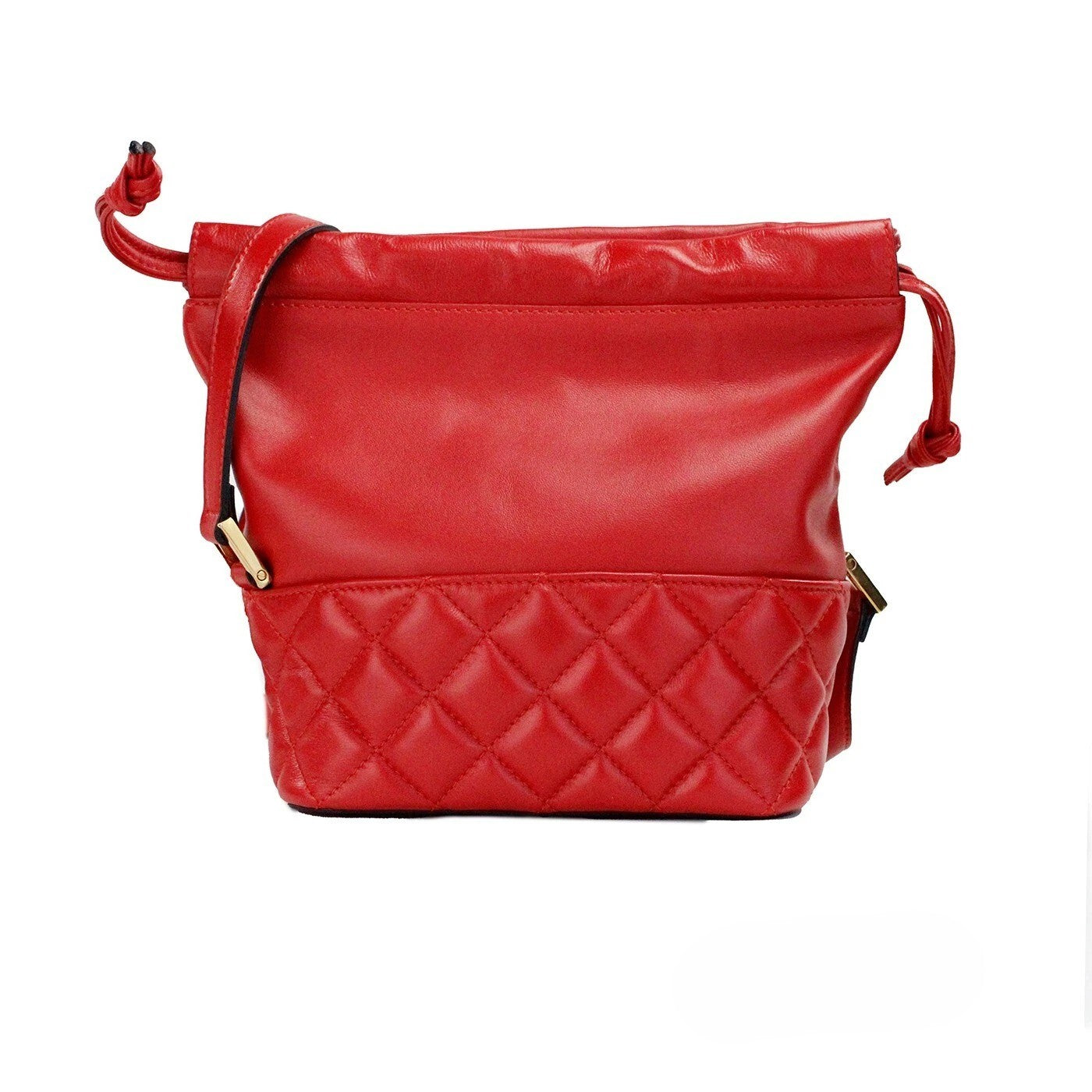 This Small Quilted Crossbody Bucket Handbag by Versace for women in leather and gold & red presents a sculptural silhouette featuring a secure drawstring, ample , and versatile crossbody-strap, shoulder-strap & adjustable-strap for a sculptural finish.