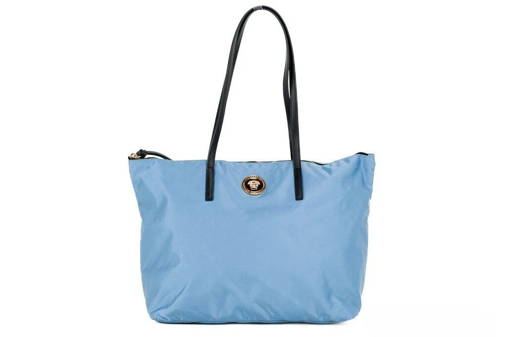 Medium Tote Handbag by Versace for women in calf & python leather blue & gold features a signature silhouette, showcasing a secure zipper and signature with versatile handle for a sophisticated look.
