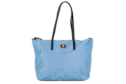 Medium Tote Handbag by Versace for women in calf & python leather blue & gold features a signature silhouette, showcasing a secure zipper and signature with versatile handle for a sophisticated look.