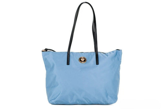 Medium Tote Handbag by Versace for women in calf & python leather blue & gold features a signature silhouette, showcasing a secure zipper and signature with versatile handle for a sophisticated look.