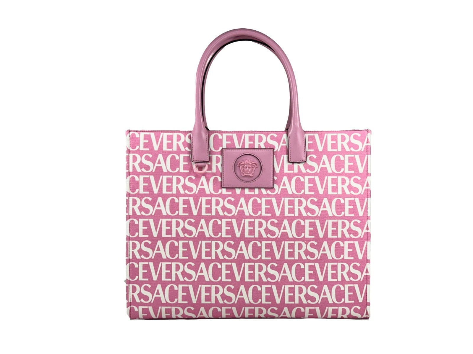 Large Tote Bag by Versace for women in cotton polyester canvas gold, pink & patterned features a jet-set sophisticated Medusa Cotton Polyester Canvas Large Tote Bag design with a secure , ample cardholder, and versatile handle for a jet-set sophisticated finish.