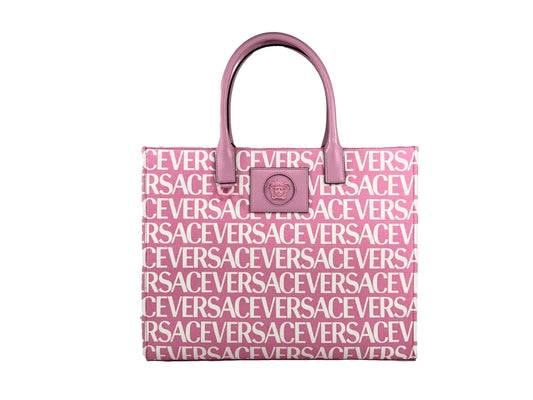 Large Tote Bag by Versace for women in cotton polyester canvas gold, pink & patterned features a jet-set sophisticated Medusa Cotton Polyester Canvas Large Tote Bag design with a secure , ample cardholder, and versatile handle for a jet-set sophisticated finish.