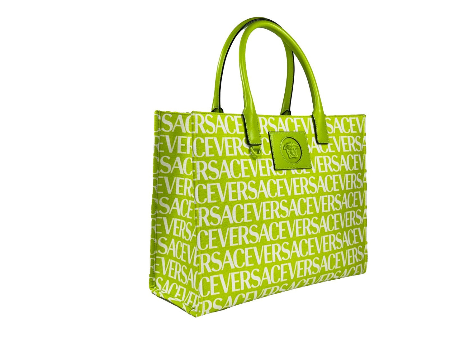 This Large Travel Tote Bag by Versace for women in cotton polyester canvas gold, green & patterned features an jet-set Medusa Cotton Polyester Canvas Large Travel Tote Bag design with a secure , ample cardholder, and jet-set handle.