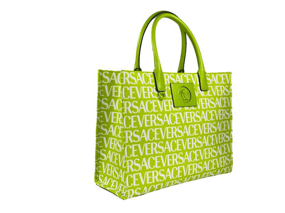 This Large Travel Tote Bag by Versace for women in cotton polyester canvas gold, green & patterned features an jet-set Medusa Cotton Polyester Canvas Large Travel Tote Bag design with a secure , ample cardholder, and jet-set handle.