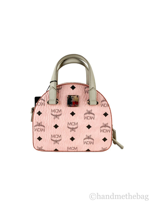 Compact Half Moon Crossbody Handbag by MCM for women in leather pink, silver & signature features an versatile silhouette, showcasing a secure zipper and versatile cardholder with versatile crossbody-strap, handle, adjustable-strap & detachable-strap for a versatile finish.