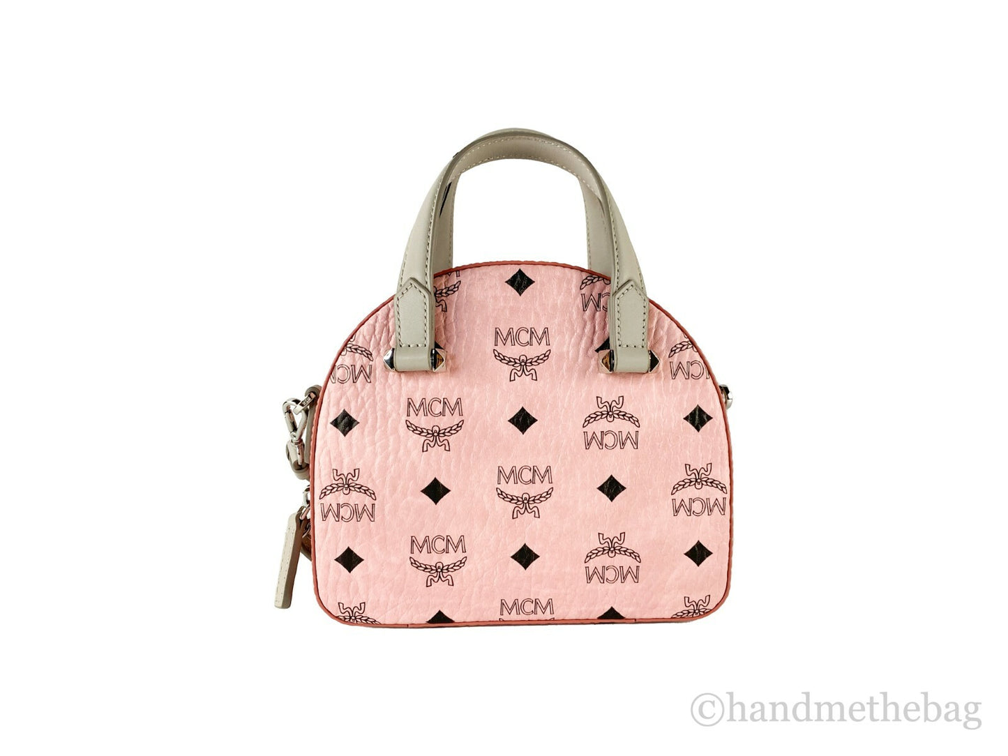 Compact Half Moon Crossbody Handbag by MCM for women in leather pink, silver & signature features a versatile chic silhouette, meticulously detailed with a secure zipper, ample cardholder, and versatile crossbody-strap, handle, adjustable-strap & detachable-strap.