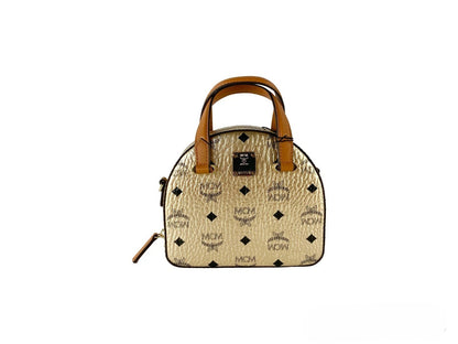 Mini Half Moon Crossbody Tote Handbag by MCM for women in leather gold & signature features a transformative elegance silhouette, showcasing a secure zipper, organized cardholder, and versatile crossbody-strap, adjustable-strap & detachable-strap for a transformative elegance look.