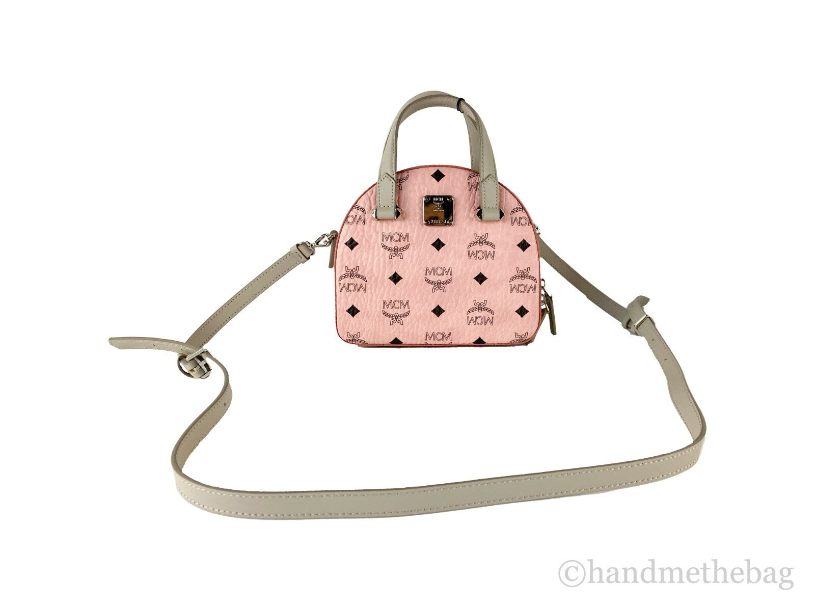 Compact Half Moon Crossbody Handbag by MCM for women in leather pink, silver & signature features a transformative sophistication silhouette, showcasing a secure zipper, ample cardholder, and versatile crossbody-strap, handle, adjustable-strap & detachable-strap for a transformative sophistication look.