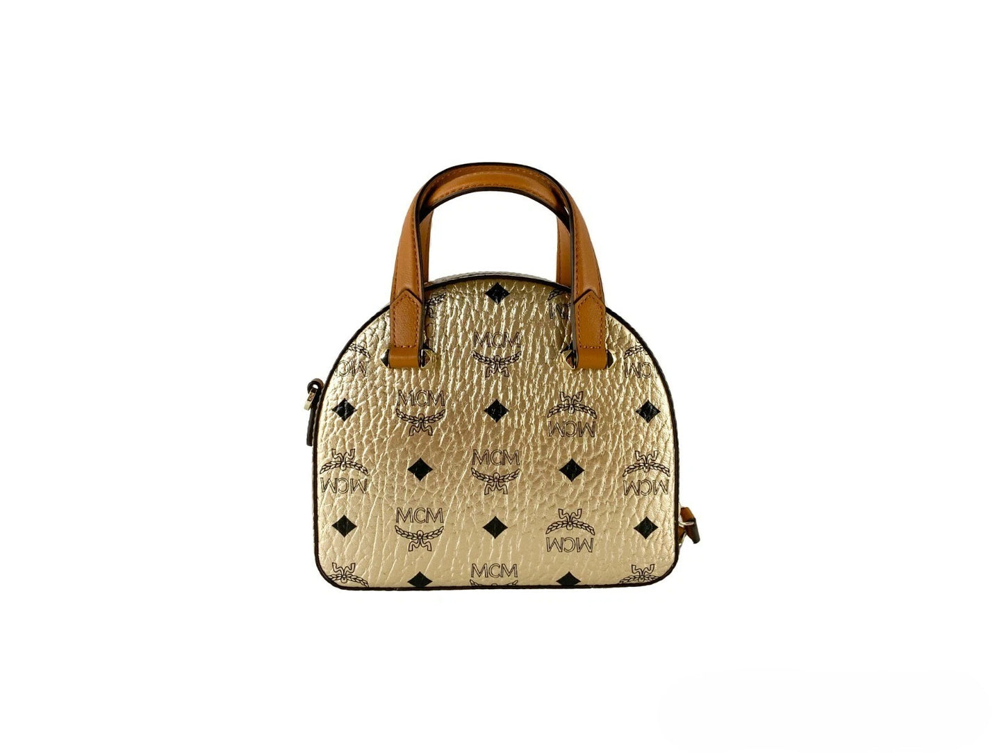 Mini Half Moon Crossbody Tote Handbag by MCM for women in leather gold & signature showcases a versatile sophistication silhouette, featuring a secure zipper, versatile sophistication cardholder, and versatile crossbody-strap, adjustable-strap & detachable-strap for a versatile sophistication finish.