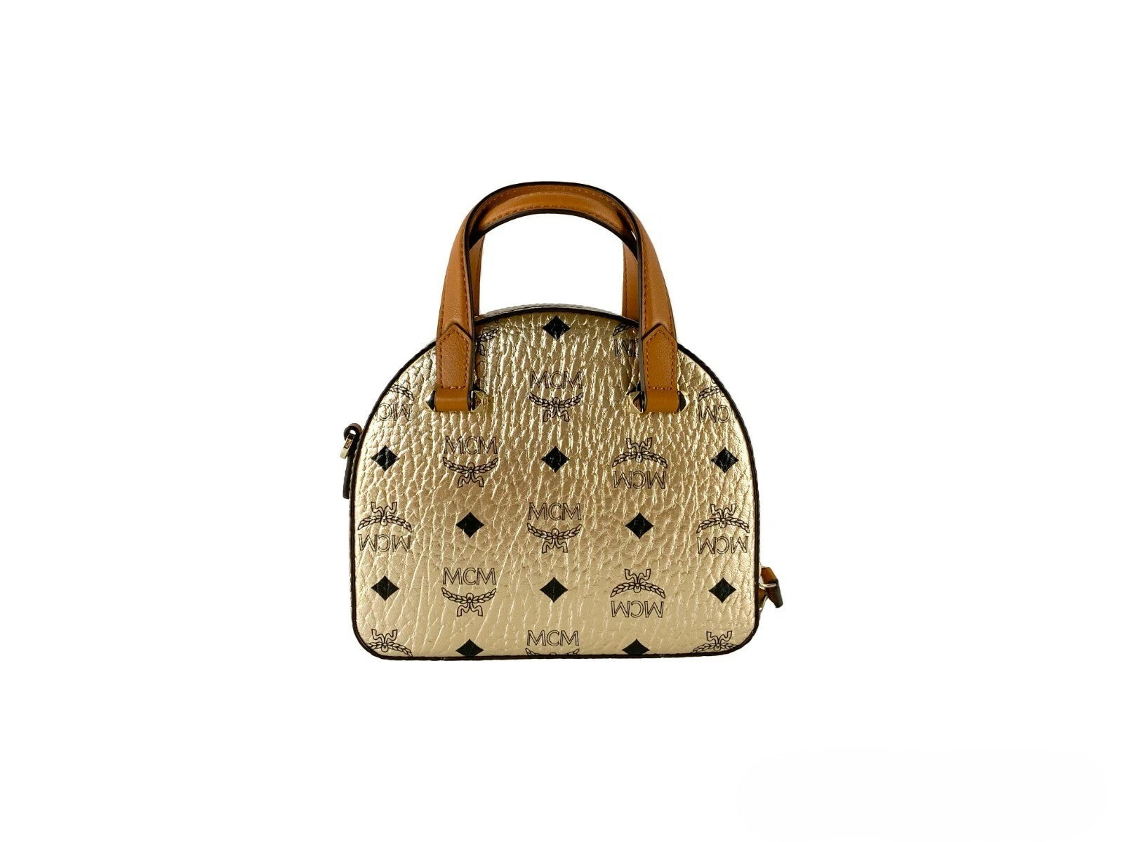 Mini Half Moon Crossbody Tote Handbag by MCM for women in leather gold & signature showcases a versatile sophistication silhouette, featuring a secure zipper, versatile sophistication cardholder, and versatile crossbody-strap, adjustable-strap & detachable-strap for a versatile sophistication finish.