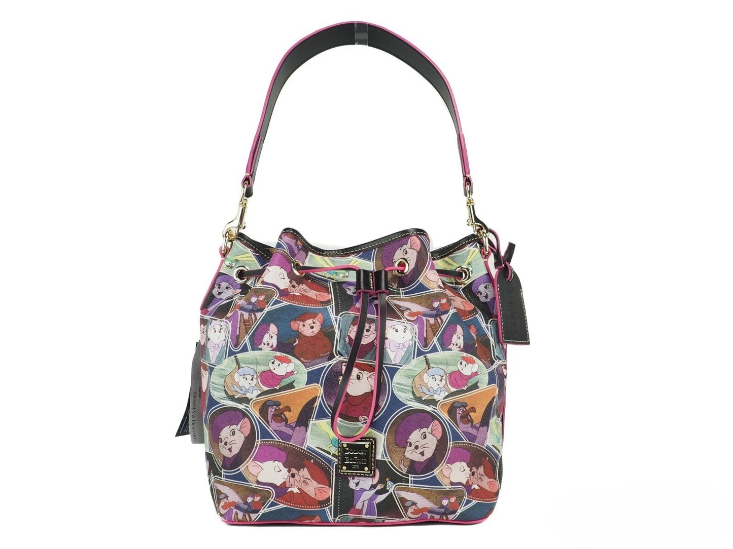 Shoulder Bucket Bag by Dooney & Bourke for women in coated canvas gold & multicolor features a effortless sophistication silhouette, secured by a zipper & drawstring with ample and versatile shoulder-strap & detachable-strap for a effortless sophistication finish.