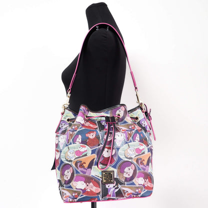 Shoulder Bucket Bag by Dooney & Bourke for women in coated canvas gold & multicolor showcases a statuesque silhouette, artfully detailed with a secure zipper & drawstring, organized , and versatile shoulder-strap & detachable-strap for a statuesque look.