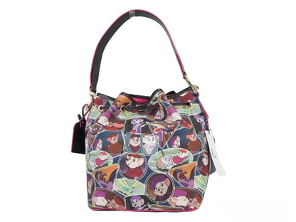 Shoulder Bucket Bag by Dooney & Bourke for women in coated canvas gold & multicolor features a statuesque silhouette, showcasing a secure zipper & drawstring and statuesque with versatile shoulder-strap & detachable-strap for a statuesque finish.