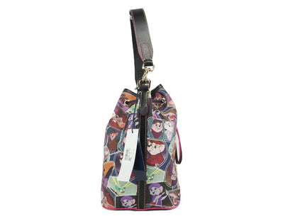 Shoulder Bucket Bag by Dooney & Bourke for women in coated canvas gold & multicolor presents a statuesque silhouette, showcasing a secure zipper & drawstring and statuesque with versatile shoulder-strap & detachable-strap for a sophisticated look.
