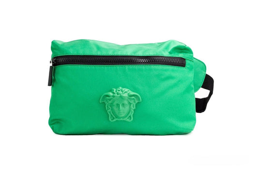 Small Travel Crossbody Fanny Pack Belt Bag by Versace for women in nylon black & green presents a unrivaled Medusa Nylon Small Travel Crossbody Fanny Pack Belt Bag design, featuring a secure zipper, ample , and versatile crossbody-strap, adjustable-strap & belt-strap for a unrivaled finish.