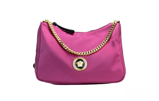 Small 2-in-1 Shoulder & Crossbody Evening Handbag by Versace for women in raffia & leather burgundy & gold features a multifaceted silhouette, showcasing a secure zipper and multifaceted with versatile crossbody-strap, shoulder-strap, adjustable-strap & detachable-strap for multifaceted style.