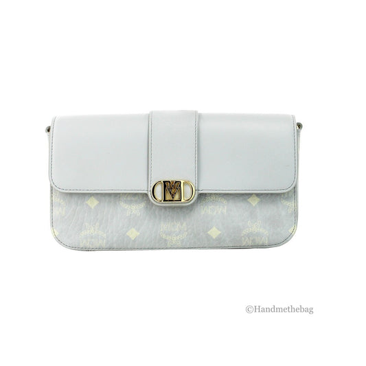 Small Crossbody Clutch Handbag by MCM for women in pebbled leather gold showcases a sculptural silhouette, featuring a secure zipper, ample cardholder, and versatile crossbody-strap, adjustable-strap & detachable-strap for a sculptural finish.