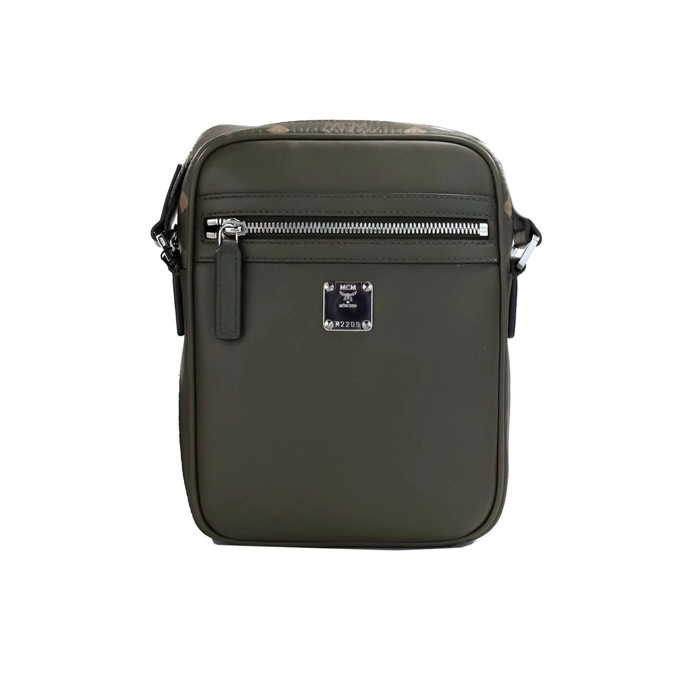 Small Crossbody Camera Handbag by MCM for women in leather green, silver & patterned features an multi-faceted design with a secure zipper, ample , and versatile crossbody-strap & adjustable-strap for a multi-faceted finish.