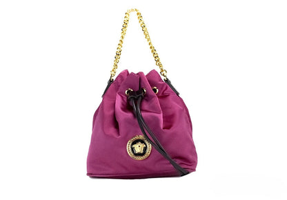 Small Travel Crossbody Bucket Handbag by Versace for women in nylon & leather black & gold showcases a versatile sophistication silhouette, featuring a secure drawstring, versatile sophistication , and versatile crossbody-strap, handle, adjustable-strap & detachable-strap for a versatile sophistication finish.