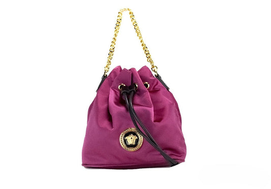 Small Travel Crossbody Bucket Handbag by Versace for women in nylon & leather black & gold showcases a versatile sophistication silhouette, featuring a secure drawstring, versatile sophistication , and versatile crossbody-strap, handle, adjustable-strap & detachable-strap for a versatile sophistication finish.