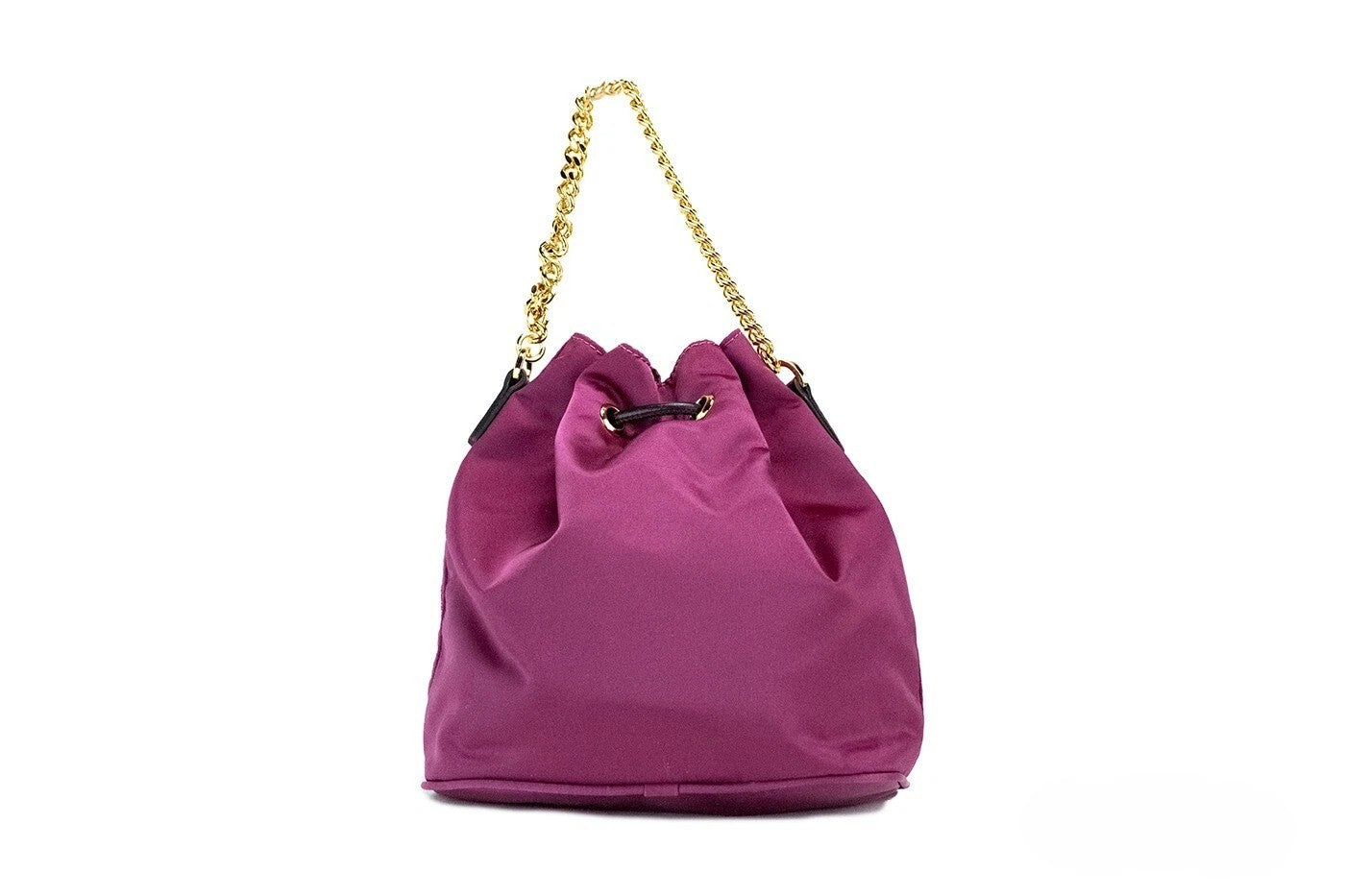 Small Travel Crossbody Bucket Handbag by Versace for women in nylon & leather black & gold features a transformative elegance silhouette, showcasing a secure drawstring, organized , and versatile crossbody-strap, handle, adjustable-strap & detachable-strap for a transformative elegance look.