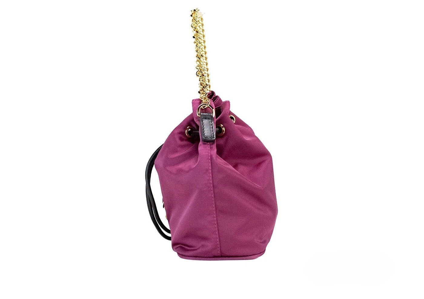 Small Travel Crossbody Bucket Handbag by Versace for women in nylon & leather black & gold features a multifaceted silhouette, showcasing a secure drawstring and multifaceted with versatile crossbody-strap, handle, adjustable-strap & detachable-strap for multifaceted style.