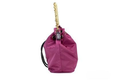 Small Travel Crossbody Bucket Handbag by Versace for women in nylon & leather black & gold features a multifaceted silhouette, showcasing a secure drawstring and multifaceted with versatile crossbody-strap, handle, adjustable-strap & detachable-strap for multifaceted style.