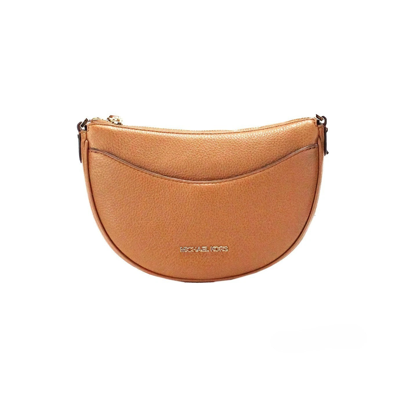 Small Crossbody Half Moon Handbag by Michael Kors for women in pebbled leather brown, gold & jacquard features a transformative sophistication silhouette, showcasing a secure zipper, ample cardholder, and versatile crossbody-strap & adjustable-strap for a transformative sophistication look.
